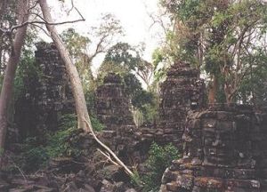 A series of face towers are a reminder of the Bayon