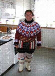 Katharine Owen: Inside Greenlandic home; Johanne in traditiona