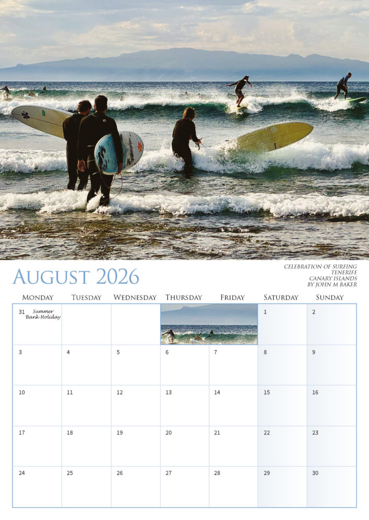 AUGUST 2026 CELEBRATION OF SURFING TENERIFE CANARY ISLANDS BY JOHN M BAKER